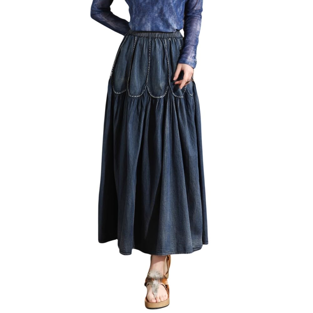 TatbUL Gonne da Donna,Gonna di Jeans con Cuciture A Fiore di Loto retrò da Donna Blu Scuro Gonna Midi A Pieghe A Vita Alta Boho Etnico Distressed Denim Lavato A-Line Gonne Lunghe per Ragazze Signore