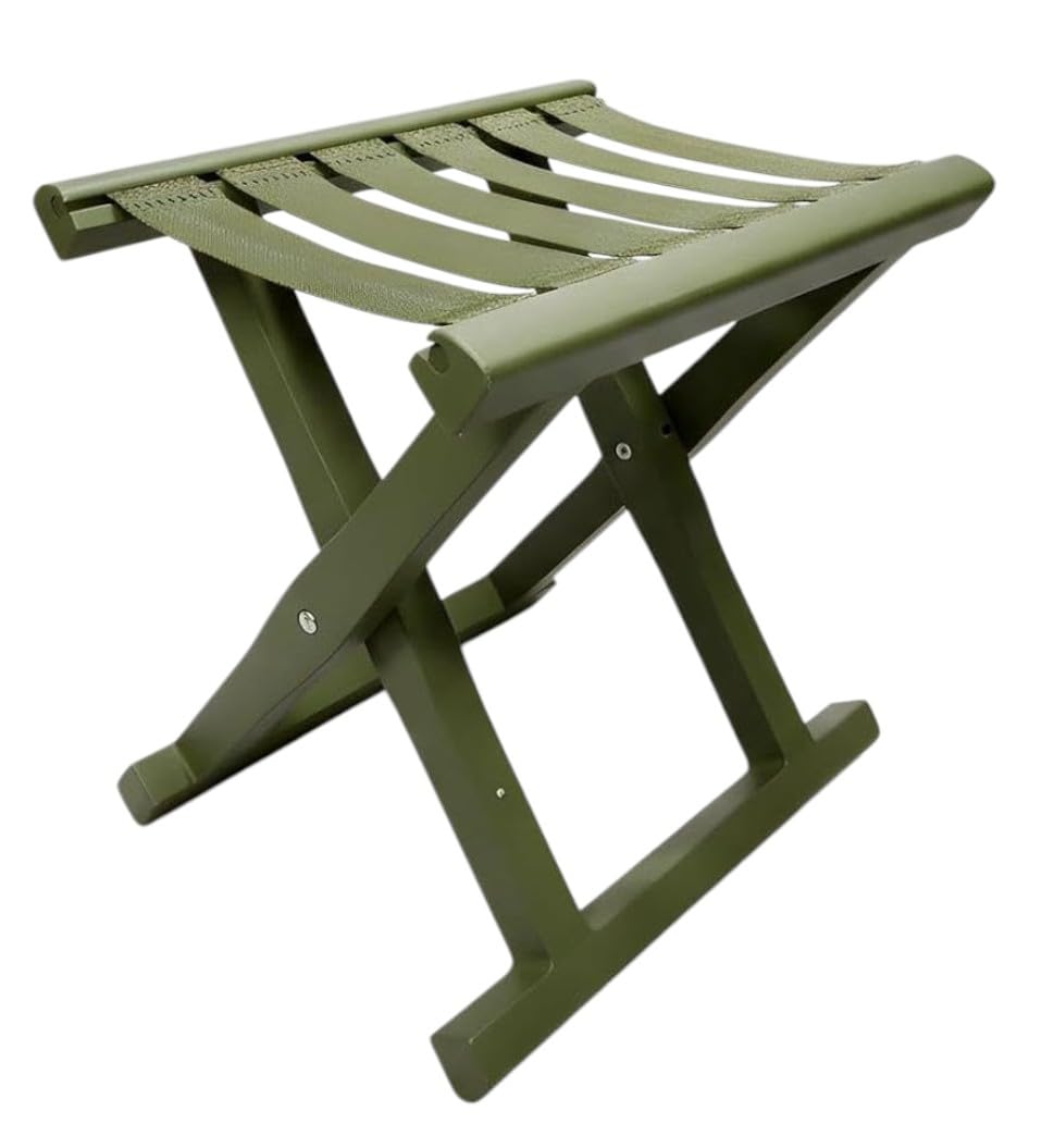 Portable Wooden Folding Stool - Lightweight X-Frame Camp Stool with Durable Strap Seat - Compact Foldable Chair for Outdoor, Camping, Fishing, Patio, and Home Use - White (Dark Green)-image-28