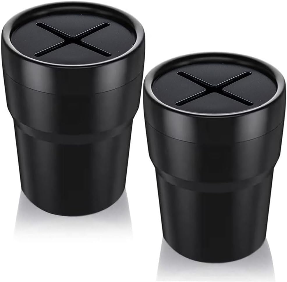 FIOTOK Car Trash Can with Lid, Mini Auto Garbage Can Leakproof Vehicle Trash Bin Fits Cup Holder in Console or Door for Automotive Car, Home, Office, Kitchen, Dinning Room 2 Packs