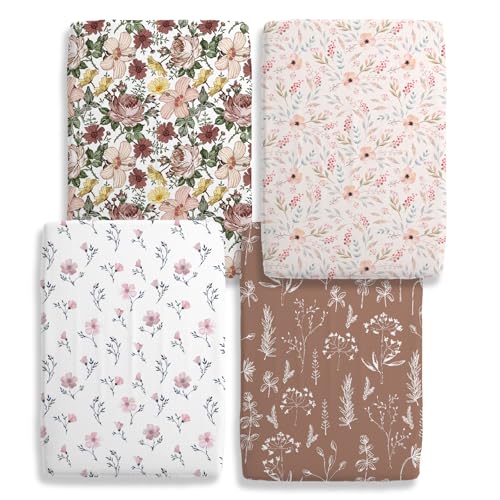 Image of 4 Pack Floral Crib Sheet Set for Baby Girl, Soft Breathable Fitted Pink Crib Sheet 28 x 52 in, Vintage Wildflower Nursery Decor for Standard Crib and Toddler Bed Mattresses