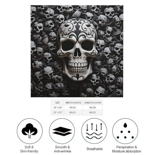 Silk Like Head Scarf for Women Fashion Silk Feeling Scarves Black And White Skulls Neck Scarf Satin Bandanas Sleeping Hair Kerchief Headwear 18"×18"2