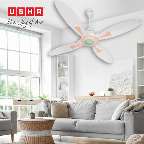 Image of USHA Bloom Series Dahlia 100% Copper Motor 4-Blade BLDC Ceiling Fan | Bi-Directional | Sleep /Boost /Timer Modes | RF Remote | Dust-Resistant |3Y Motor & 2YPCB Warranty(White & Misty Rose)