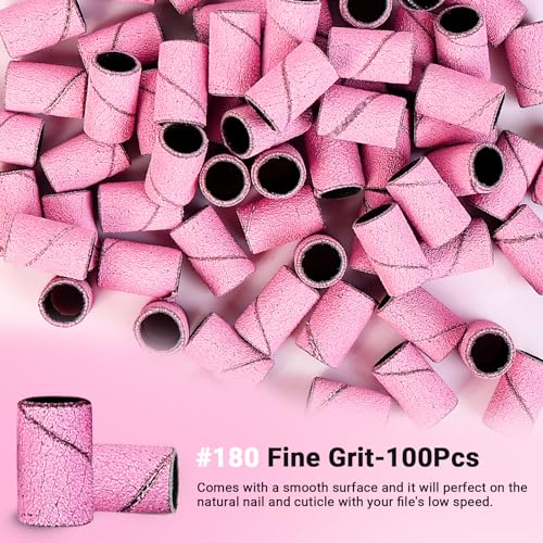 Image of MelodySusie 100 Pcs Nail Drill Bits Sanding Bands for Nail Drill 180 Fine Grit Nail File Sanding Bands for Acrylic Nails Gel Manicures and Pedicure,Light Pink