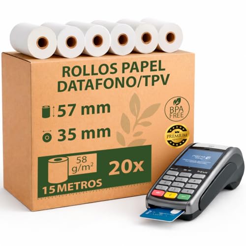 Papel Térmico TPV 57x35x12 mm   Para Impresora de Tickets, Papel Datáfonos TPV   Sin BPA, Blanco   Alta Resolución y Durabilidad (Pack 20 Rollos)