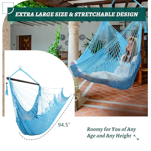 Image of Caribbean Hammock Swing Chair with Spreader Bar, Large Hammock Chair, Hand Craft Rope Hanging Chair Outdoor, Indoor, Bedroom, 330 LBS Weight Capacity, Blue