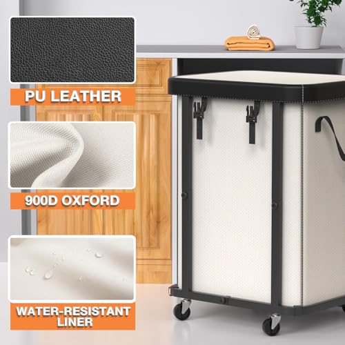 Image of 150L (40 Gal) Large Fashion Laundry Basket with Wheels, Leather Patchwork Rolling Hamper Carts, Sturdy Metal Frame, Removable Washable Bag, Tall Clothes Sorter for Bedroom, Laundry Room - Beige