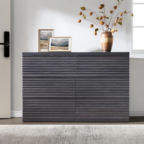 Image of SICOTAS Buffet Cabinet with Storage, Modern Accent Sideboard Credenza with 3 Larger Drawers, Fluted Media Console Mid Century Coffee Bar Table for Living Room Kitchen, Dark Grey Alder (4 PCS)