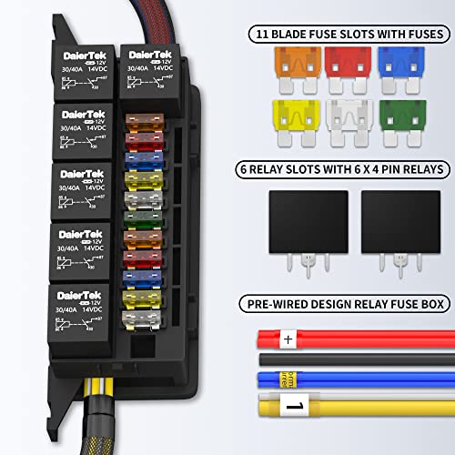 Rvboatpat 12 Vlot Fuse Relay Box Pre-Wired Fuse And Relay Box With 6 Relays And 11 Way Atc/Ato Blade Fuses, 12V Relay Fuse Box Block For Auto Car Marine Boat #TOP2