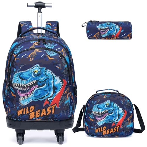 Egchescebo Mochila Escolar Infantil com Rodinhas para Menino e Crianças Rodas Bolsa Mala Carrinho 17” 3PCS Rodinha de Rolagem Giratória Lancheira Juvenil Estojo Costas Divertidamente Dinossauro Azul
