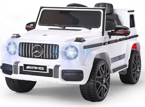 FINOOS Mercedes G63 AMG Elektroauto für Kinder, 12 V, elektrische Kinder elektroauto mit Fernbedienung, 2 + 1 Geschwindigkeitsstufen, Hupe, LED, Musik, USB (Weiß) Cover
