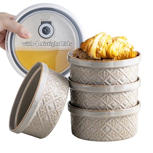 Ceramic Bowls with Lids set of 4, Soup Bowls, 28 oz Charcuterie Bowls Set for Kitchen, Food Storage Container Bowls Dishwasher & Microwave Safe for Salad, Pasta, Snack, Oatmeal, Fruit, Grey