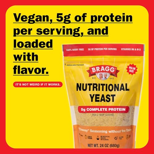 Image of Bragg Premium Nutritional Yeast Seasoning - Vegan, Gluten Free - Good Source of Protein & Vitamins - Nutritious Savory Parmesan Cheese Substitute (24oz (Pack of 2), Original)