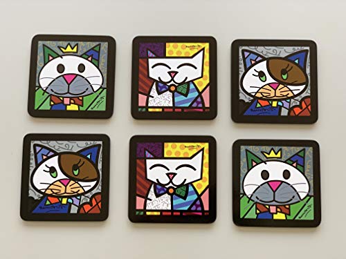 New Romero Britto Coasters Cat Set of 6 Drink Holder Beer Wine Drink Gift Save !