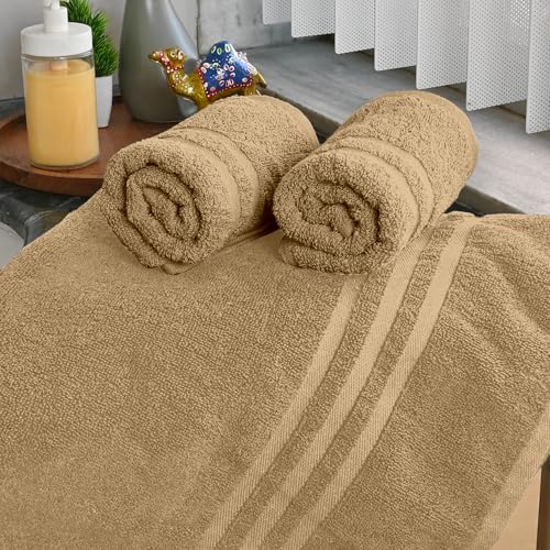 Image of Divine Casa Cotton Towel Set 1 Bath + 2 Hand Towels Beige, 550 GSM Ultra Soft & Highly Absorbent, Bath 150 x 75 cm & Hand 60 x 40 cm