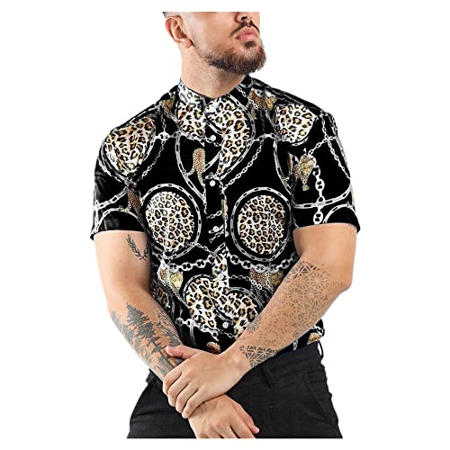 CUOREZ Spring Autumn - Camisa de manga corta para hombre, diseño de flores, talla L, Leopardo Negro, 3XL
