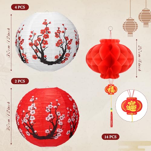 Fumete 20 Pcs 12" Chinese Japanese Paper Lanterns and 8" Red Lanterns Hibachi Party Decorations Cherry Blossom Japanese Home Restaurant Hanging Decorations Asian Theme Party Supplies(Red, White) by Fumete - Image 2