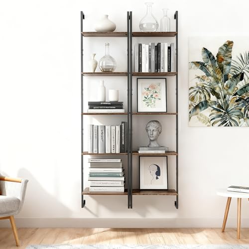 GHIMIGN 5 Tier Wall Mounted Bookshelf, 15.74" D x 9.44" W x 62.99" H, Narrow Ladder Bookcase with Metal Frame for Home Office, Living Room, Study, Industrial, Brown by GHIMIGN - Image 3