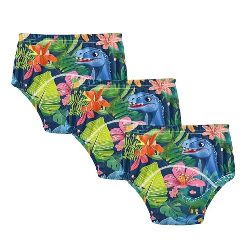 Foiosoh Baby Infant 3 Packs Toilet Training Pants Absorb Water Night Time Potty Training Underwear for Boys Girls Dinosaurs Tropical Leaves Flowers