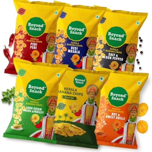Image of Beyond Snack Nendran Kerala Banana Chips | Combo pack (Original Salted, Desi Masala , Salt and Pepper,Peri Peri, Sour Cream Onion Parsley, Hot and Sweet Chilli )| Thin Crunchy Crispy Snack |600g (100g*6packs)