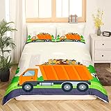 Cartoon Müllwagen Kleinkind Bettwäsche 155x220,Orange Müllwagen Bettwäsche Set für Kinder Jungen Mädchen Jugendliche,Abfallmanagement Recycling Lkw Bettbezug Lustige Transport Bett Set 3 Stücke