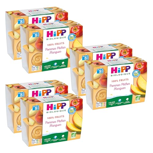 HiPP - 100% Fruits - Pommes Pêches Mangues - Coupelles 4 x 100 g - Lot de 6- BIOLOGIQUE