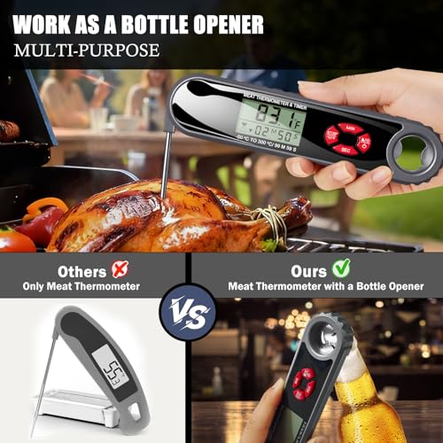 Image of 3 in 1 Meat Thermometer Digital with Beer Bottle Opener, Built-in a Kitchen Timer. Waterproof, Large Backlit Screen, Perfect Kitchen Accessories,BBQ Grill Cooking Gifts for Men,Fathers Day Gift