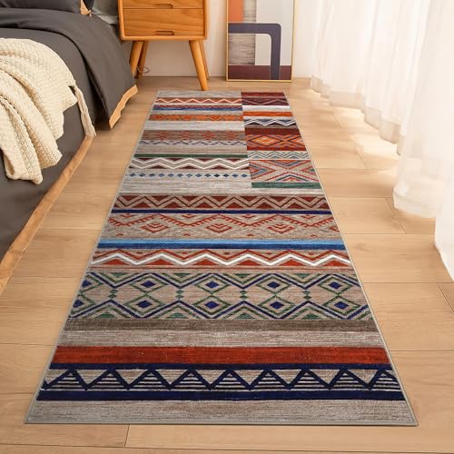 GarveeHome Vintage Patchwork Runner Rug 2x6 Washable Beige Runners for Hallway, Non Slip Geometric Carpet, Stain Resistant Tribal Soft Mat, Low Pile Foldable Floor Cover for Entryway Bathroom Bedroom