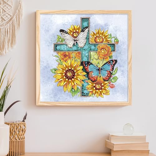 Image of Diamond Art Painting Kits for Adults, 5D Special Shape Diamond Art Kits for Beginners, Crystal Rhinestones Diamond Art Painting for Home Wall Decoration Gift 12x12inch, Sunflower Butterfly Cross