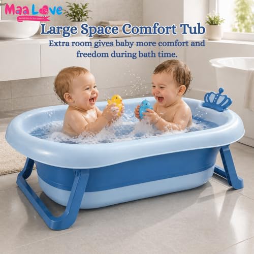 Image of Premium Foldable Baby Bathtub with Soft Cushion for Newborn, Infant & Toddler, Non-Slip Base, Easy Drain Plug, Portable Space Saving Bath Tub (Blue)