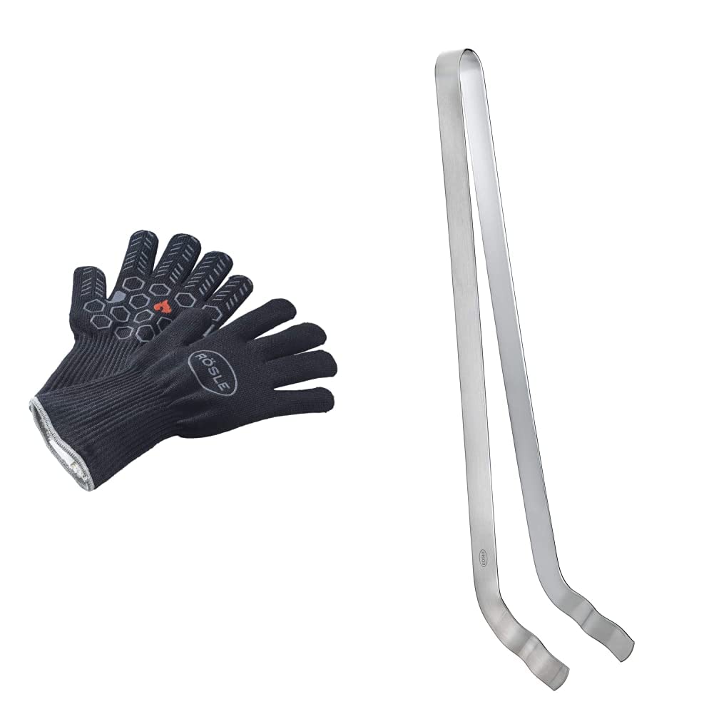 RÖSLE Premium-Grillhandschuhe, Hochwertige Handschuhe zum Schutz vor Verbrennungen & Grillzange gebogen, Hochwertige Grillzange mit ausgewogener Federkraft und exakte Kraftübertragung