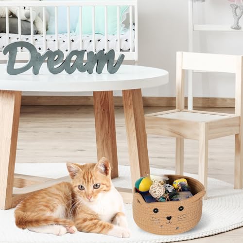 Zopeal Cat Basket Storage Woven Organizer with Ears Christmas Decorative Pet Toy Cute Cotton Rope Basket for Gift Cat Dog Toy Bin Nursery Room(8.3 x 4.7 Inch,Khaki)