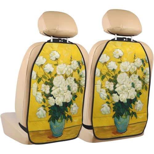 White Roses In Blue Vase Car Seat Back Kick Protectors,2 Pack Kick Mats With Storage Pockets For Vehicles To Protect From Dirt Mud Scratches