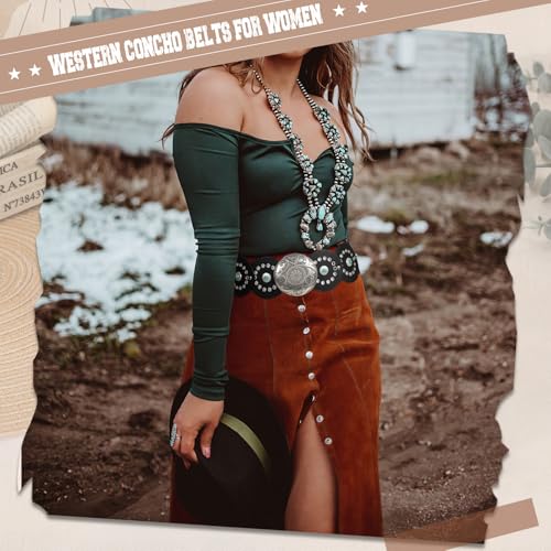 Image of XZQTIVE Western PU Leather Belts for Woman Concho Cowgirl Cowboy Disc Belt for Ladies Wide Boho Country Waist Belts for Dress
