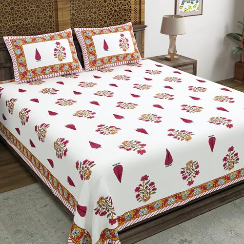 Image of BLOCKS OF INDIA Hand Block Printed 200 TC Cotton King Size Bedsheet | Pink Rose