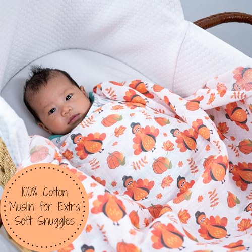 Image of LollyBanks Muslin Swaddle Blankets, 100% Cotton Baby Blanket 47 x 47 Inches, Large Baby Swaddles, Neutral Muslin Blankets for Boys and Girls, Thanksgiving Day Newborn Essentials (Turkey Print)