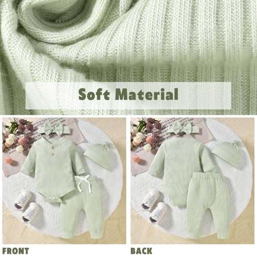 Aalizzwell Gender Neutral Long Sleeve Baby Ribbed Outfit with Hat & Headband3
