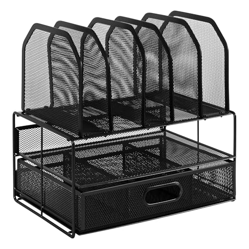 Amazon Basics Mesh Desk Organizer with Sliding Drawer, Double Tray and 5 Upright Sections, Black - Image 4
