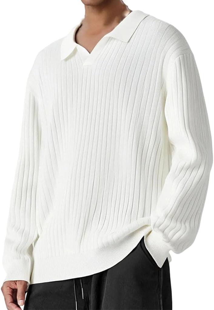 Vsadsau Men's Loose Casual Knit Pullover Solid Long Sleeve Knit Polo Sweaters Sweaters Business Pullover