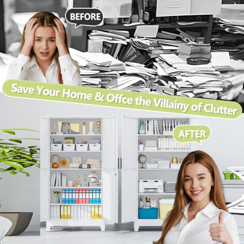 Image of White Kitchen Pantry Cabinets,79 Metal Lockable Storage for Office
