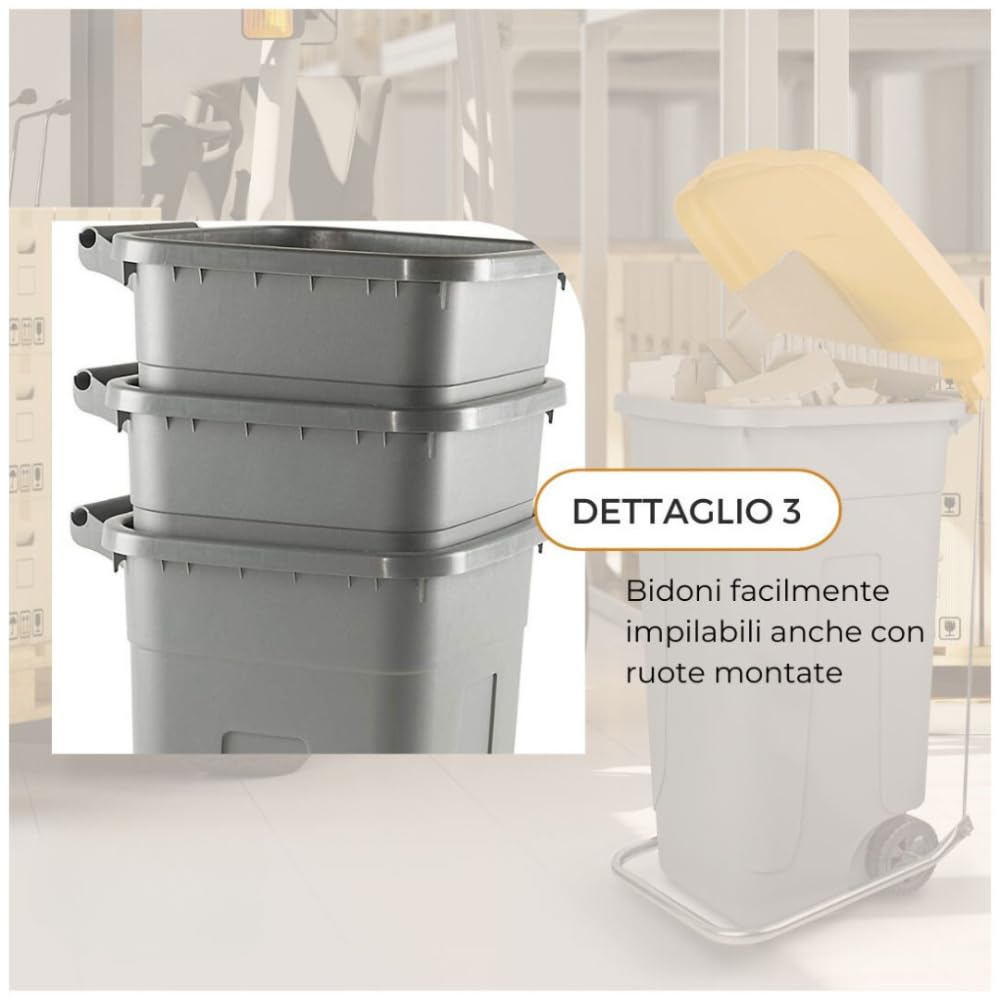 PALUPLUS Bidone Pattumiera con Ruote da 80 Litri, Misura, 45x50x78 cm, Coperchio Chiusura a Clip, Maniglia e Fermasacco a 4 Fissaggi, Secchio per Rifiuti Differenziati -80F-6,7 (Giallo)