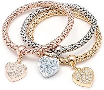 SILANER Crystal Charms Multilayer Bracelets - 3PCS Gold/Silver/Rose Gold Corn Chain Bracelet for Women, Tree of Life Heart Shaped Stretch Bracelet (PAVE CRYSTAL HEART CHARM)