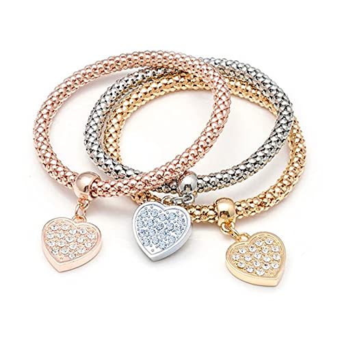 Silaner Crystal Charms Multilayer Bracelets - 3Pcs Gold/Silver/Rose Gold Corn Chain Bracelet For Women, Tree Of Life Heart Shaped Stretch Bracelet (Pave Crystal Heart Charm) #TOP9