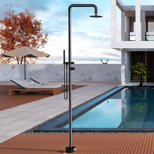 IMEX - Ducha Piscina Exterior Acero S.316 | Ducha Terraza Exterior con Rociador Redondo 250mm | Outdoor Shower para Jardin con Alcachofa y Mango de Ducha Extraibles | Serie Florida | Color Negro Mate