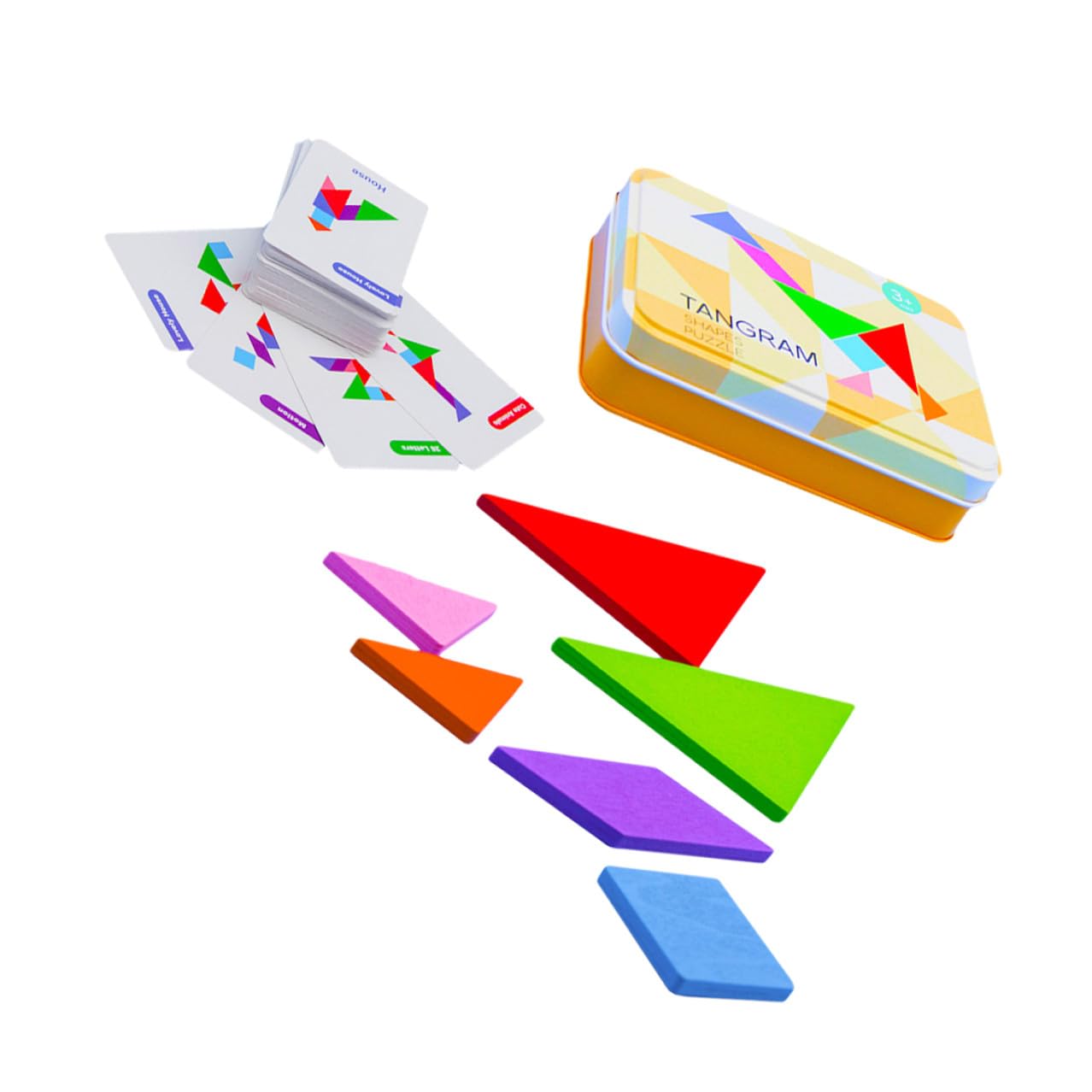 ifundom Jeu de Puzzle Tangram en Bois pour Garçon et Filles, Éducatif en Bois Naturel, 1 Coffret en Fer Cartes, Stimulation Créativité et Apprentissage Géométrie, pour Développement