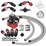 PQY Adjustable Fuel Pressure Regulator Kit 3-70PSI With 6AN Return and 6AN feed Port with AN6-6AN Fuel Line Hoses Connectors (black+red)