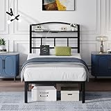 SHOANED 14 Inch Metal Bed Frame - Twin Size Black Heavy Duty Bedframe Platform Basic Mattress Foundation with Headboard & Charging Station No Box Spring Needed/Easy Assembly/Noise-Free