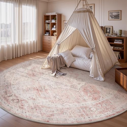 AMOAMI 6FT Round Vintage Soft Pink Rug - Non Slip Circle Machine Washable Rug for Living Room, Bedroom, Office Under Table Olive Green 6' (Round)