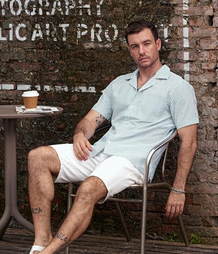 Image of VATPAVE Mens Striped Summer Shirt Casual Button Down Short Sleeve Beach Shirts Cotton Shirts for Men