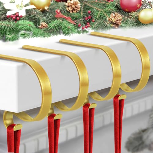 Christmas Stocking Holder,4 Pack Stocking Holders for Mantle,Non-Slip Stocking Holders for Christmas Decorations,Lightweight Stocking Hangers for Mantel Fireplace with Adjustable Design,Gold
