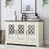 Galano millicent 3 door sideboard with acrylic mirrors kitchen buffet cabinet farmhouse coffee bar display cabinet for home kitchen living room dining room and hallway ivory knotty grey oak  urban country home decor